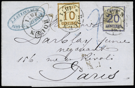 Alsace n°5 + 6 OBL cachet rond provisoire "Rouen 1871" sur lettre pour Paris AFF à 30c par la voie de Belgique. TB