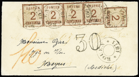 Alsace n°2, bande de 4 + 1 pièce OBL cachet provisoire "Rouen 1871" sur lettre pour l'Ardèche avec taxe 30 double-trait française en noir + "F10" au crayon rouge pour confirmer l"affranchissement. AFF et OBL très ra