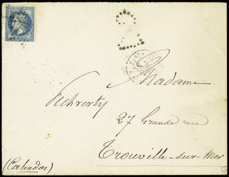 N°29 OBL étoile 20 + CAD "Paris R. St DOMque St Gn 53" (2 mars 71) sur lettre pour Trouville sur Mer avec taxe tampon 2 clouté (voir l'ouvrage de JP Bournique sur l'Alsace Lorraine 1879 - 1872 page 87). Seulement 2 pi