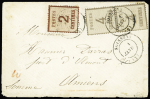 Alsace n°2 + n°3 en paire OBL CAD T17 "Soissons (2) avec dateur partiel 1 Janv sur lettre pour Amiens avec "10" au crayon rouge pour confirmation d'affranchissement. Certificat RHP. RR et TB