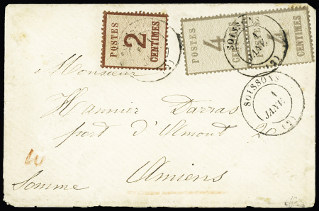 Alsace n°2 + n°3 en paire OBL CAD T17 "Soissons (2) avec dateur partiel 1 Janv sur lettre pour Amiens avec "10" au crayon rouge pour confirmation d'affranchissement. Certificat RHP. RR et TB