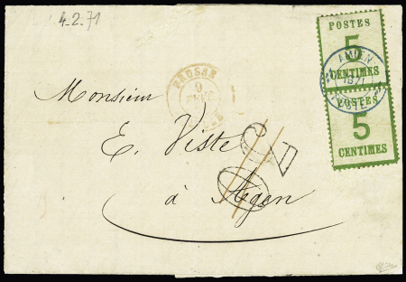 Alsace n°4 OBL petit cachet de fortune bleu "Amiens poste 1871" sur lettre pour Agen avec taxe française 30 DT en noir annulée plume. TB