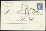 N°46, 20c Bordeaux, OBL GC 2300 + T17 "Mehun - s- Yèvre (17) sur lettre pour Abbeville avec griffe noire "taxe allemande" d'Abbeville (50mm) + taxe 2 tampon façon manuscrite. TB