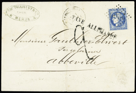 N°46, 20c Bordeaux, OBL GC 2300 + T17 "Mehun - s- Yèvre (17) sur lettre pour Abbeville avec griffe noire "taxe allemande" d'Abbeville (50mm) + taxe 2 tampon façon manuscrite. TB