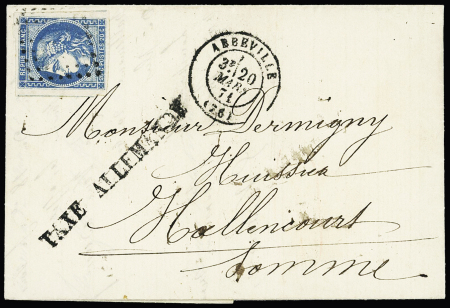 N°46, 20c Bordeaux OBL PC du GC 1 + T17 Abbeville (20 mars 71) sur lettre pour Hallencourt (Somme) avec griffe noire "taxe allemande" (50mm - type d'Abbeville). TB