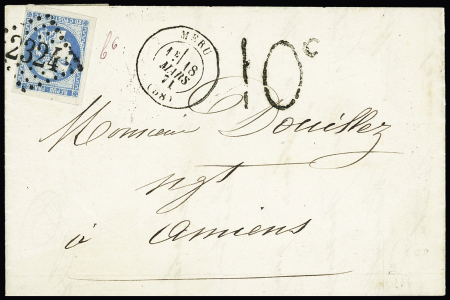 N°45 OBL GC 2324 + T17 "Méru (58)" (18 mars 71) sur lettre pour Amiens avec taxe tampon 10c de confection locale apposée à l'arrivée. Jolie pièce