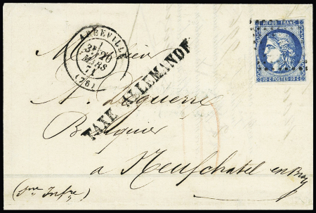 N°46 OBL PC du GC1 + T17 Abbeville (20 mars 71) sur lettre pour Neufchâtel en Bray avec griffe noire "taxe allemande" (50mm - type d'Abbeville) et taxe 10c au crayon rouge. TB