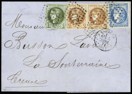 N°39 + 40 en paire + 46 OBL GC 2049 + T16 Limoges (1 sept 1871 - 1er jour de tarif) sur lettre pour La Souterraine (Creuse). Bel AFF homogène uniquement à base de timbres de Bordeaux. RR et TB. Certificat JF Brun.
