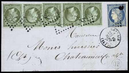 N°19, bande de 3 + paire apposés à l'envers pour signifier le renversement de l'Empire + n°37 OBL GC 838 + T16 Chalais (19 sept 71) sur lettre pour Châteauneuf Charente avec "OR" au recto. TB