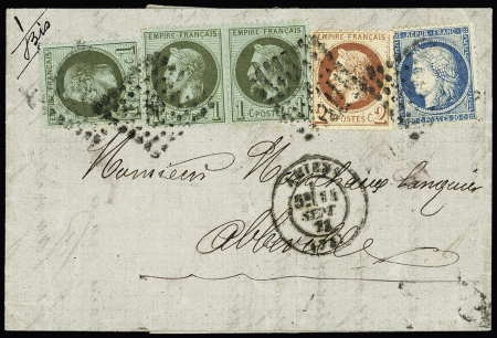N°25, 3 pièces + 26 + 27 OBL PC du GC 85 + T17 Amiens (14 sept 71) sur lettre pour Abbeville. TB