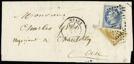 N°29 + n°28, demi-timbre coupé en diagonale OBL GC 2298 + T17 Meaux (11 sept 71) sur lettre pour Chantilly (Oise), rare AFF de fortune. TB