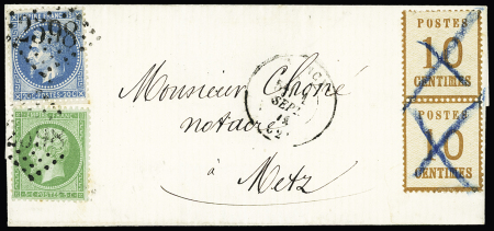 N°20 + 29 OBL GC 2598 + T17 Nancy (1 sept 1871 - 1er jour de tarif) sur lettre pour Metz avec Alsace n°5 en paire annulée croix au crayon bleu. RR et TB