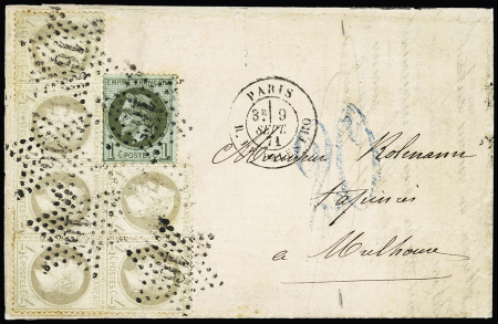 N°25 + 27, 6 pièces, OBL étoile 16 + T17 R. de Palestro (9 sept 71) sur lettre  pour Mulhouse avec taxe allemande 20 bleu façon manuscrite. Jolie pièce, RR