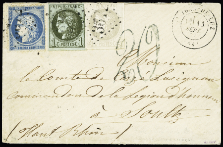 N°37 + 39 + 41 OBL GC 3572 + T17 "St Jean de Luz (64)" (13 sept 71) sur lettre pour Soultz Haut-Rhin avec taxe allemande 20 en noir façon manuscrite. TB