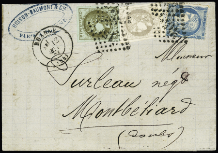N°37 + 39 + 41 OBL GC 3156 + T17 Roanne (12 sept 71) sur lettre pour Montbéliard. Rare et TB