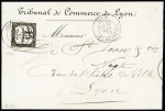 Lettre à en-tête du Tribunal de Commerce de Lyon avec CAD "Lyon les Terreaux" (15 sept 71) pour Lyon avec timbre-taxe n°4A (leg touché en haut), 15c noir avec surcharge manuscrite "25" OBL T17 Lyon. RR, TB, cote Yver