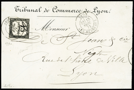 Lettre à en-tête du Tribunal de Commerce de Lyon avec CAD "Lyon les Terreaux" (15 sept 71) pour Lyon avec timbre-taxe n°4A (leg touché en haut), 15c noir avec surcharge manuscrite "25" OBL T17 Lyon. RR, TB, cote Yver