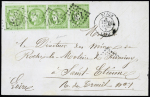 N°42, bande de 4, OBL GC 1307 + T17 Dijon Côte d'Or (18 avril 71) sur lettre pour Saint-Etienne. TB, cote Yvert 1700€