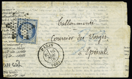 N°37 OBL étoile muette + CAD "Paris (60) (16 nov 70) sur ballon monté (Agence Havas) pour Epinal avec taxe allemande 30 au crayon bleu à l'arrivée. TB