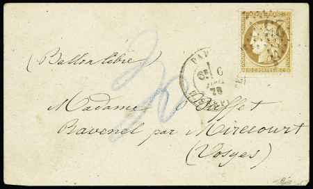 N°36, 10c bistre, OBL étoile 25 + CAD "Paris R. Serpente" (6 dec 70) sur carte avec mention manuscrite "ballon libre" pour Mirecourt avec taxe allemande 30 au crayon bleu. TB