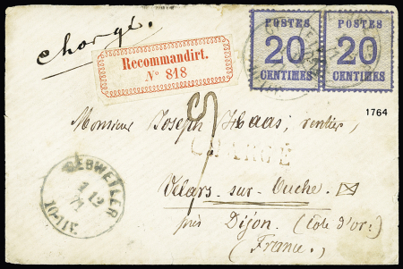 Alsace n°6 en paire OBL CAD "Gebweiler" (1.12.71) sur lettre chargée avec étiquette de recommandation rouge "recommandirt n°818" pour Velars sur Ourche (Côte d'Or) avec taxe manuscrite 9 au recto. TB