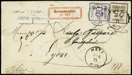Alsace n°6 + 7 OBL CD "Metz" (9.6.71) sur lettre recommandée pour Lyon avec étiquette rouge "Recommandirt n°213" et taxe 4 manuscrite au recto. RR et TB