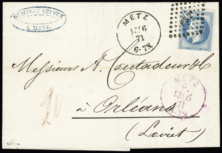 N°29 OBL losange de points ambulant "PS 2°" + CAD noir "Metz (13.6.71) + CAD violet "Metz F" (13.6.71) sur lettre pour Orléans non taxée à l'arrivée avec marque "20" au crayon rouge pour confirmation du paiement en