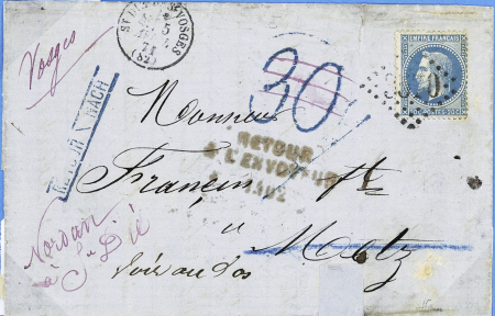 N°29 OBL GC 3570 + T16 St Dié des Vosges (5.4.71) sur lettre pour Metz décachetée à Metz avec taxe tampon 30 de Moselle annulée plume et marque bleue encadrée "retour Nach". TB