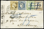 N°36 + 37 OBL étoile muette évidée + CAD "Paris (60)" (21.7.71) sur lettre suraffranchie à 30c pour Strasbourg + Alsace n°5 + 6 annulés au crayon bleu + taxe 30 double - trait en noir remplacé par une taxe 15 au