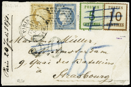 N°36 + 37 OBL étoile muette évidée + CAD "Paris (60)" (21.7.71) sur lettre suraffranchie à 30c pour Strasbourg + Alsace n°5 + 6 annulés au crayon bleu + taxe 30 double - trait en noir remplacé par une taxe 15 au