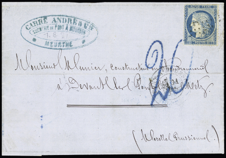N°37 (pd) OBL GC 2924 sur lettre de Metz pour Pont à Mousson avec très rare taxe 20 tampon façon manuscrite (modèle n'ayant servi que 2 jours) avec arrivée T17 Metz. RR et TB
