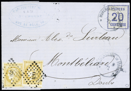 Alsace n°6 OBL CAD "Muhlhausen im Elsass" (aout 71) sur lettre pour Montbéliard avec n°43, 2 pièces, OBL PC du GC 420. AFF RR et TB
