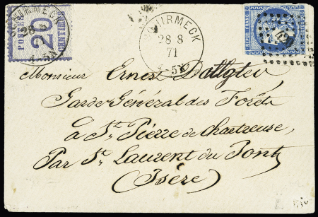 Alsace n°6 OBL CAD "Schirmeck" (28.8.71) sur lettre avec n°46, lég touché OBL PC du GC 420 (Belfort) pour Saint-Laurent du Pont. Rare cas d'utilisation du type Bordeaux en Alsace. TB