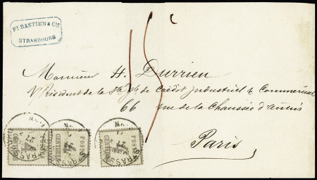 Alsace n°3, 4c gris, paire + 1 pièce OBL CAD "Strassburg im Elsass" (27.8.71) sur imprimé de 120g avec taxe 15c manuscrite. RR et TB