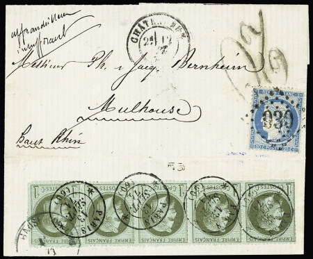 N°37 OBL GC 930 + T17 Chateaudun (12.9.1871) sur lettre avec taxe allemande 20 façon manuscrite avec au verso n°25, bande de 5 OBL rare CAD à ailettes *Paris* (60) (13.9.1871). TB