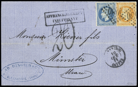 N°29 + 31 OBL GC 5080 + T15 "Alexandrie Egypte" (10 oct 71) sur lettre pour Munster avec griffe encadrée noir "affranchissement insuffisant" et taxe allemande tampon 20 façon manuscrite - l'une des 2 pièces connues e