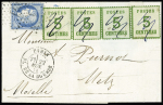 N°60 OBL étoile 1 + CAD "Paris PL. de la Bourse" (22 nov 71) sur lettre pour Metz avec Alsace n°4 bande de 4 annulée plume. TB