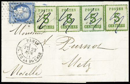 N°60 OBL étoile 1 +  CAD "Paris PL. de la Bourse" (22 nov 71) sur lettre pour Metz avec Alsace n°4 bande de 4 annulée plume. TB