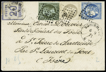 Alsace n°6 OBL CAD "Schirmeck" (6.9.71) + n°19 + 27 + 46 OBL PC du GC 420 (Belfort) sur lettre pour Saint Laurent du Pont. Rare AFF mixte avec émission de Bordeaux. TB