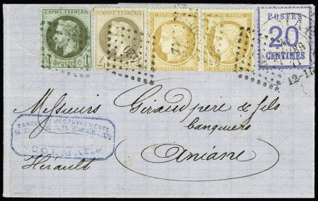 N°25 + 27 + 36, 2 pièces OBL PC du GC 420 (Belfort) + Alsace n°6 OBL fer à cheval de Colmar sur lettre pour Aniane. TB