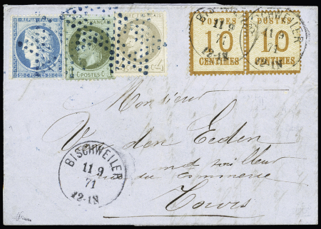 N° 25 + 27 + 37 OBL étoile bleue + Alsace n°6 OBL CAD "Bischweiler" (11.9.71) sur lettre pour Tours. Jolie pièce
