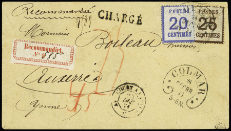 Alsace n°6 + 7 OBL CAD fer à cheval "Colmar" (24 dec 71) sur lettre chargée avec étiquette rouge "Recommandirt n°585" pour Auxerre avec taxe manuscrite "75" au crayon rouge. 