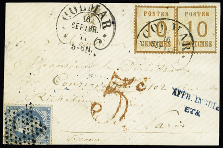 N°29 OBL  étoile noire muette évidée + Alsace n°6 en paire OBL CAD fer à cheval "Colmar" (16 sept 1871) sur lettre avec rarissime taxe double trait rouge 5c correspondant au complément  d'affranchissement suite au