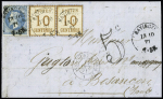 N°29 + Alsace n°6 en paire OBL CAD "Hayingen" (13.10.71) sur lettre pour Besançon avec au recto taxe double-trait 5c noir. RR et TB