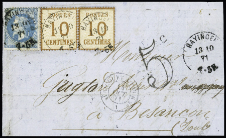 N°29 + Alsace n°6 en paire OBL CAD "Hayingen" (13.10.71) sur lettre pour Besançon avec au recto taxe double-trait 5c noir. RR et TB