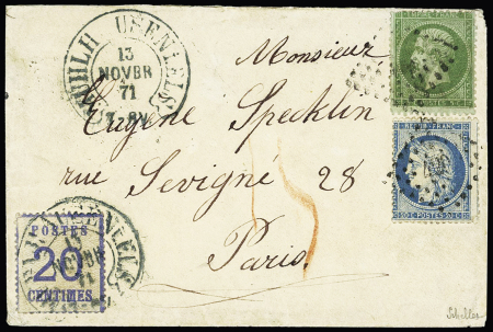 Alsace n°6 OBL CAD bleu fer à cheval "Muhlhausen i els" (13 nov 71) + n° 20 + 37 OBL PC du GC 420 (Belfort) avec taxe française 15 au crayon rouge pour double-port. TB