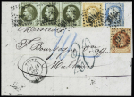 N°25, bande de 3 + 26 + 28 + 60 OBL GC 3942 + CAD T17 "Thizy (68)" (15 sept 71) sur lettre en double port pour Mulhouse avec taxe allemande 20 tampon façon manuscrite rayée et remplacée par une taxe 40 au crayon bleu