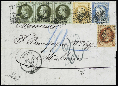N°25, bande de 3 + 26 + 28 + 60 OBL GC 3942 + CAD T17 "Thizy (68)" (15 sept 71) sur lettre en double port pour Mulhouse avec taxe allemande 20 tampon façon manuscrite rayée et remplacée par une taxe 40 au crayon bleu