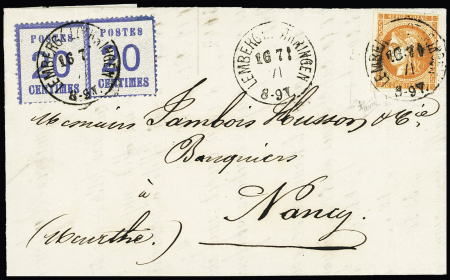 Alsace n°6 OBL CAD "Lemberg im Lothringen" (16.7.71) sur lettre en double port avec n°48, 40c orange Bordeaux, OBL idem. Seule pièce connue. TB