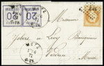 Lettre de Metz pour Verdun en double port avec Alsace n°6 en paire OBL CAD "Metz" (17.6.71) et n°31, 40c orange OBL losnge de points ambulant "SP2°".